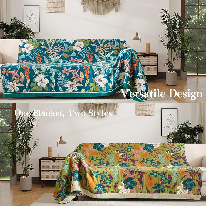Phuryllic Boho Throw Blanket Twin Size, Soft Cozy Cotton Muslin Quilt Blanket for Bed Decor, Floral Patterned Couch Sofa Chair Cover, Vintage Farmhouse Cottage Tapestry Woven Blanket, Teal&Green