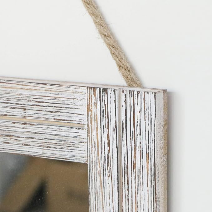 16 X 12 Inch Rustic Wood Framed Wall Mirror with Hanging Rope for Farmhouse Decor, for Entryway, Bedroom, Bathroom, Dresser, Wash White