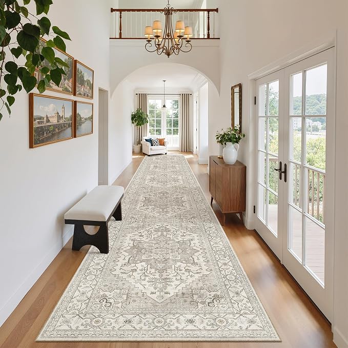 Madane Hallway Runner Rug 2'6''x14' Kitchen Runners Vintage, Beige/Brown | Long Non-Slip Washable Rugs 14ft for Entryway Laundry and Bedroom, Soft Low Pile Stain-Resistant 2.5x14 Ft Floor Carpet