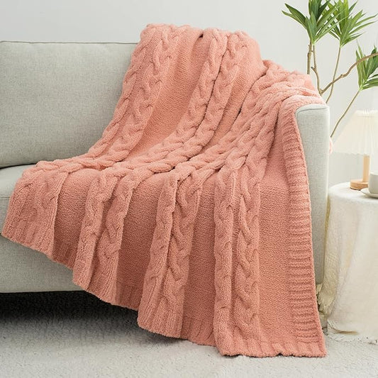 Chunky Knit Throw Blanket Super Soft Cable Fluffy Microfiber Cozy Warm Winter Blankets for Couch Sofa Bed 50"X60" Pink