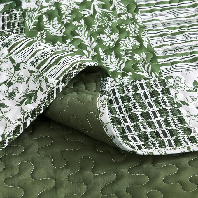 Litanika Floral Sage Quilt Queen - 3Pcs Botanical Birds Bedding Set | Patchwork Bedspread Summer Lightweight Soft Coverlet for All Seasons (96"x90")