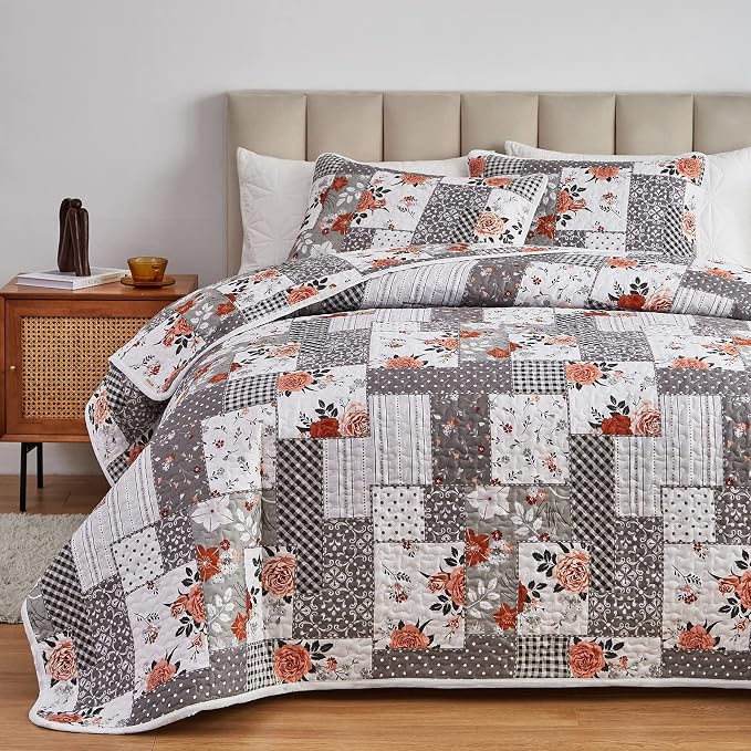 Patchwork Quilt Set Twin Size, 2 Pieces Grey White Floral Plaid Design Summer Bedspread Coverlet Set, Soft Microfiber Reversible Lightweight Bed Cover for Kids (68" x 86", 1 Quilt+ 1 Pillow Sham)