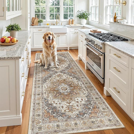 Madane Hallway Runner 3x8, Kitchen Rugs Washable Entry Rug, Turmeric/Grey | Vintage Non Slip Entryway Indoor Area Rugs, Soft Low-Pile Farmhouse Wide Carpet Runners for Bathroom Living Room Bedroom