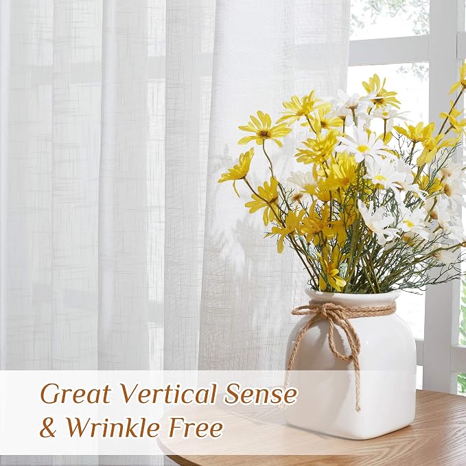 NICETOWN White Linen Sheer Bedroom Curtains 90 inches Long, Rod Pocket & Back Tab Semi Sheer Privacy with Light Filtering Bedroom Window Treatments for Farmhouse, W42 x L90, 2 Panels