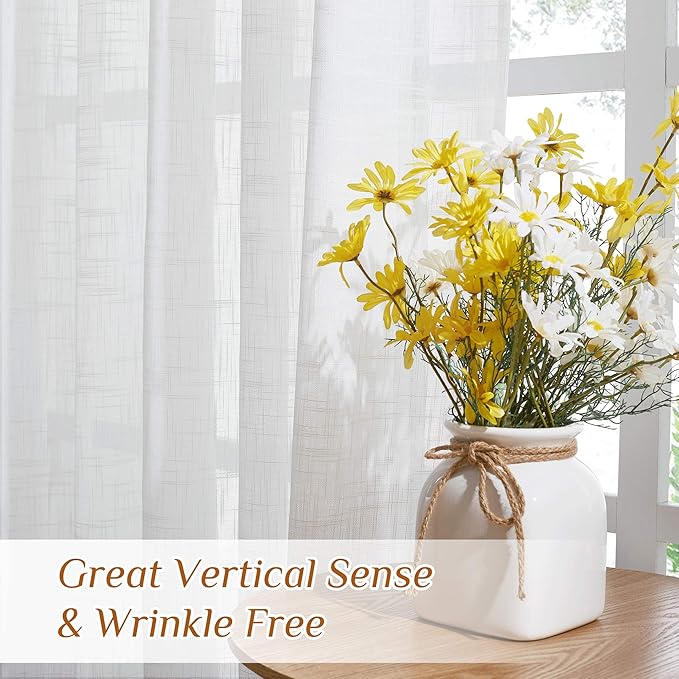 NICETOWN White Sheer 102 inch Curtains for Sliding Glass Door, Rod Pocket & Back Tab Linen Blend Semi Sheer Window Treatments Privacy with Light Filtering for Bedroom, W66 x L102, 2 Panels