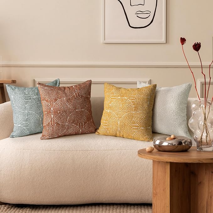 AELS Boho Decorative Textured Throw Pillow Covers 18x18, Organic Modern Mid Century Rainbow Tufted Pillow Case, Farmhouse Rustic Geometric Woven Cushion Case for Bed Couch Sofa, Burnt Orange