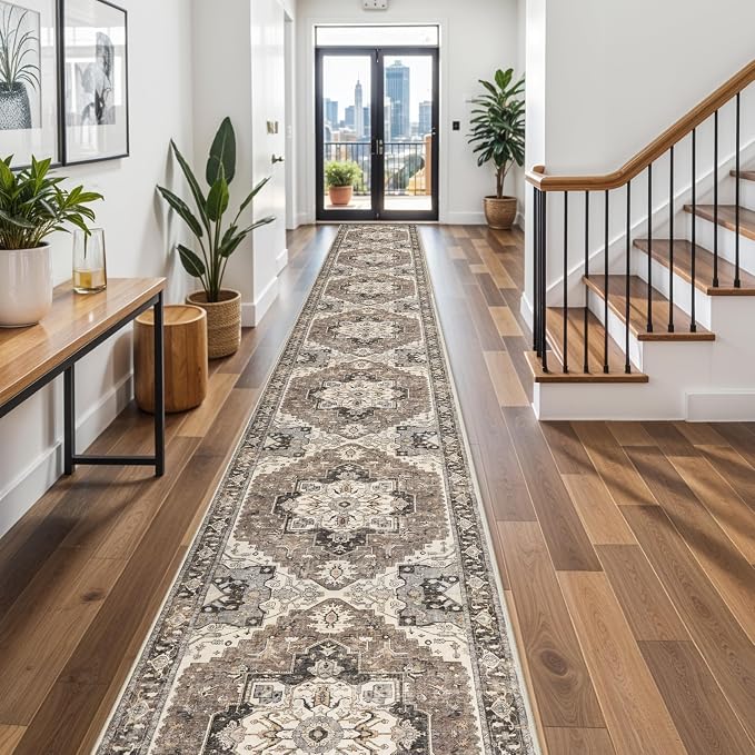 Washable 3x25 Long Hallway Runner - Non-Slip Stain Resistant Kitchen Rug Distressed Mats Low Plie Soft Ultra Thin Room Floor Carpet for Living Room Dining Room(Beige,3x25)