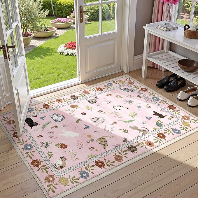 AIMPEAK Pink 2x3 Washable Door Mat - Non Slip Low Pile Cat Floral Boho Small Area Rug for Entryway, Kitchen, Front Door, Indoor Entrance, Kids Room Throw Rug Carpet, Pink Multi