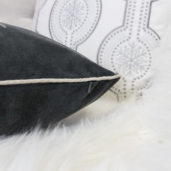 Embroidery Gray Velvet Throw Pillow Cover, Merry Christmas Series Snowflake Floral Wreath Luxury Soft Fuzzy Cozy Warm Slik Gift Square Couch Cushion Pillow Case 20 x 20 Inch, Cover Only
