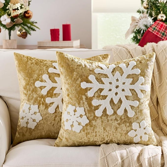 KINDREX Christmas Snowflake Throw Pillow Covers 18x18 Set of 2 Winter Holiday Decorative Gold Embroidered Luxurious Velvet Accent Pillowcase for Sofa Couch Bed Living Room Home Decor