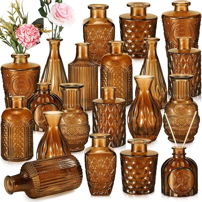 Inbagi 20 Pcs Glass Bud Vase Set - Dark Amber Small Flower Vases Bulk, Vintage Embossed Decorative Bottles for Wedding Valentine Home Table Centerpieces Decor