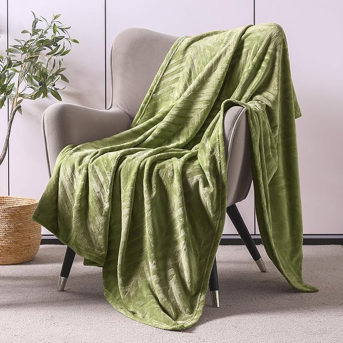 Whale Flotilla Flannel Fleece Throw Blanket for Couch, Olive Green | Lightweight Breathable Soft Sofa Throws, Plush Fluffy Chevron Design Decorative Blankets for All Season, 50x60 Inch