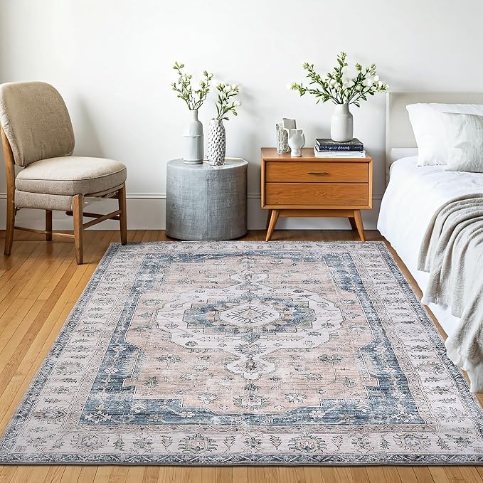 Machine Washable Area Rug, Soft & Durable, Non-Slip, Stain Resistant Rug for Bedroom, Living Room, Dining Room, High Traffic Areas. (Light Blue/Ivory, 5' X 7')