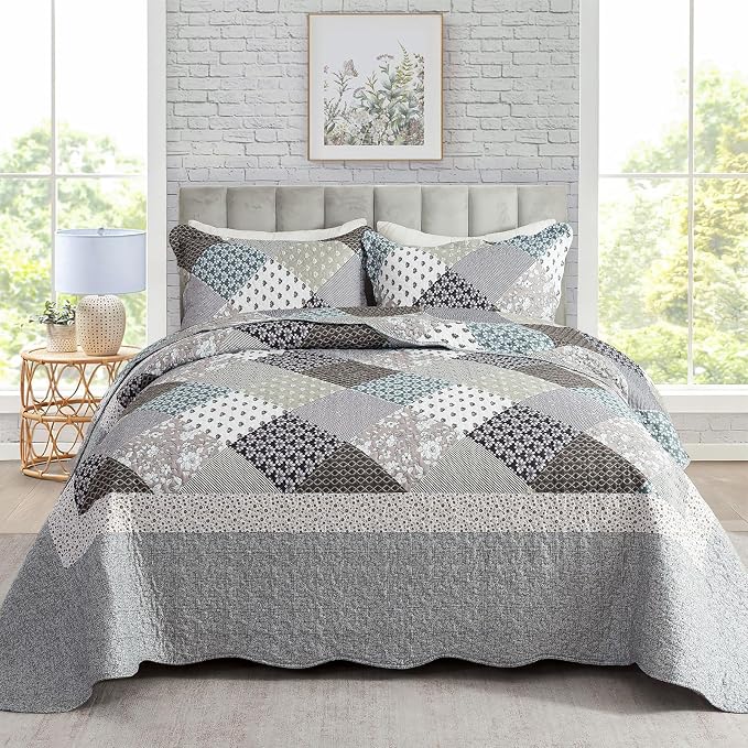 Travan 3-Piece Quilt Set Quilted Bedspread Garden Style Floral Printed Oversized Microfiber Lightweight Coverlet Set with Shams, Exquisite, Queen Size