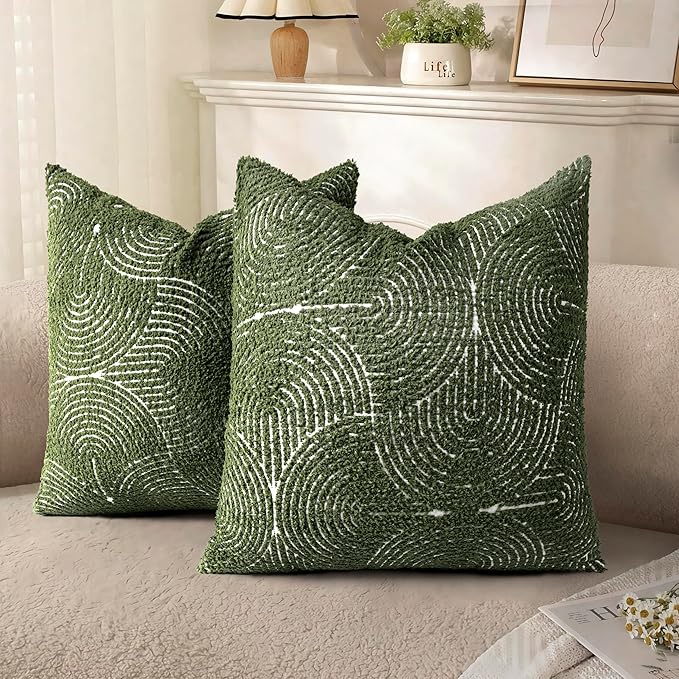 AELS Boho Decorative Textured Throw Pillow Covers 18x18, Modern Mid Century Rainbow Tufted Pillow Case, Farmhouse Rustic Geometric Woven Cushion Case for Bed Couch Sofa, Olive Green