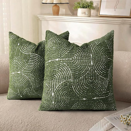 AELS Boho Decorative Textured Throw Pillow Covers 18x18, Modern Mid Century Rainbow Tufted Pillow Case, Farmhouse Rustic Geometric Woven Cushion Case for Bed Couch Sofa, Olive Green