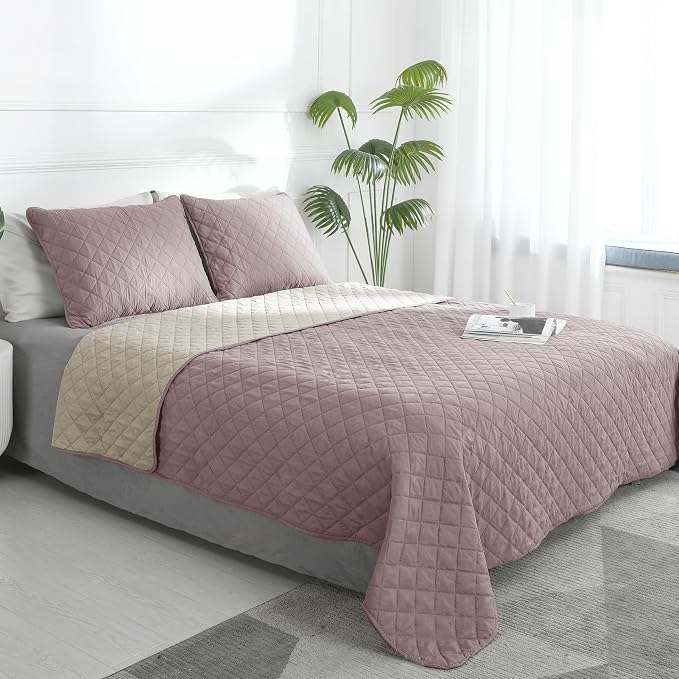 Easy-Going Reversible Quilt Set Twin, Bedspread with 1 Shams, Pink/Beige | Machine Washable Lightweight Bed Comforter, 1 Quilt + 1 Pillow Shams, All Season Bed Coverlets for Bedroom