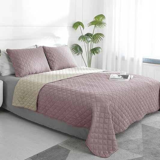 Easy-Going Reversible Quilt Set Full/Queen, Bedspread with 2 Shams | Pink/Beige, Lightweight Bed Comforter, 1 Quilt + 2 Pillow Shams, All-Season Coverlets for Bedroom