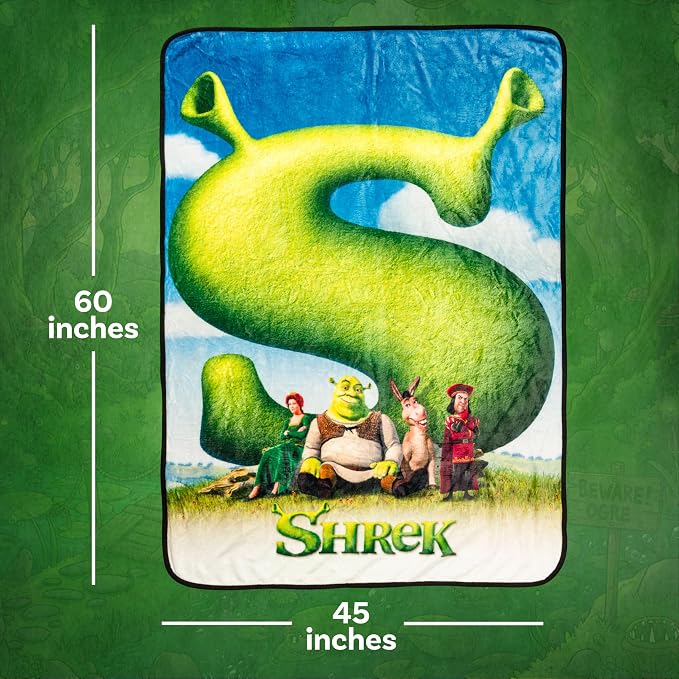 Silver Buffalo Shrek Movie Poster Donkey, Fleece Throw Blanket, 45x60in | Princess Fiona, Lord Farquaad, Soft and Cozy, 250 GSM