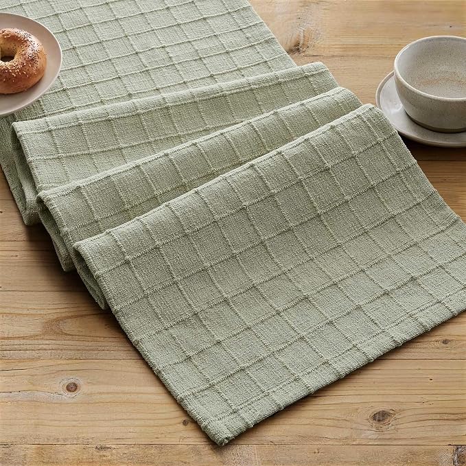 ZeeMart Artisanal Grid Linen Table Runner, 13x48 Inches Seeding Green | Heavy Textured, Durable Thick Fabric, Farmhouse Handwoven Feel Linen Runner, Easy Care Table Decor for Kitchen Dining Room