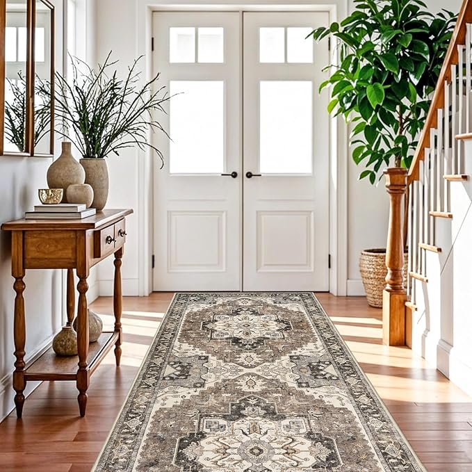 Washable Kitchen Runner Rug 4x12 - Low Pile Soft Rugs for Hallway Entryway Wide Vintage Stain Resistant Carpet with Non-Slip Rubber Backing Thin Indoor Floor Mat for Living Room Bedroom (Beige,4x12)