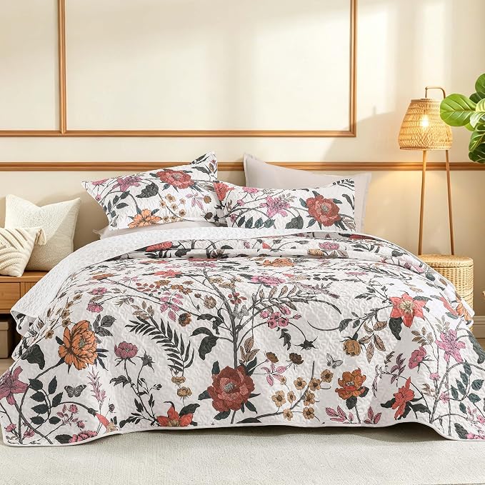 Litanika Floral White Quilt Oversized King - 3Pcs Botanical Bedding Set | Super King Bedspread Summer Lightweight Soft Coverlet with Orange Flower for All Seasons (120"x120")