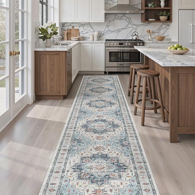 Madane Washable Runner Rugs 2x10 Long for Hallway Kitchen, Blue | Non-Slip Low-Pile 10ft Rug Runners Soft, Stain-Resistant Floor Carpet Mat for Entrance, Living Dining Laundry Room, Stair