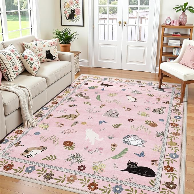 AIMPEAK Pink Area Rugs 3x5 Small Thin Entryway Rug - Vintage Boho Cat Animal Washable Non-Slip Living Room Carpet Soft Low Pile Bedroom Floor Mat Indoor for Nursery Girls Room Playroom, Pink Multi