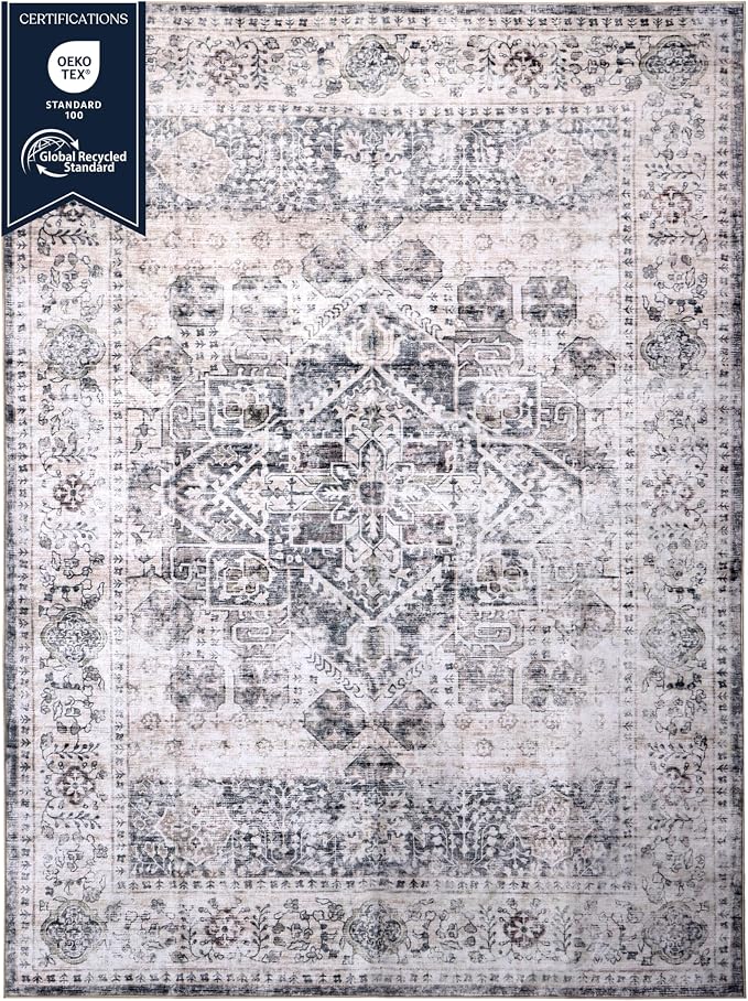 Machine Washable Area Rug, Soft & Durable, Non-Slip, Stain Resistant Rug for Bedroom, Living Room, Dining Room, High Traffic Areas. (Grey/Soft Taupe, 9' X 12')
