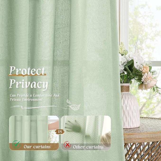 Light Filtering Linen Curtains 84 Inch for Living Room 2 Panels | Semi Sheer, Neutral, Privacy Protected, Boho Drapes for Farmhouse, Sliding Glass Door, Rod Pocket, 52 x 84 Inch, Light Green