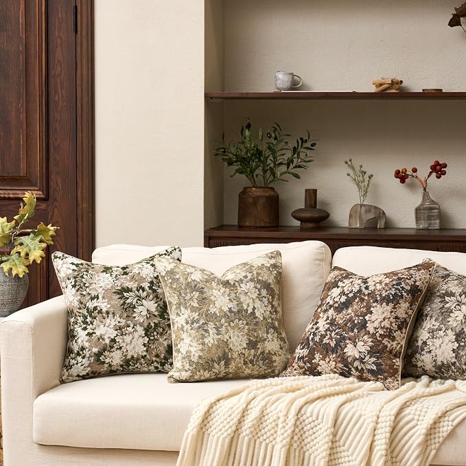 Yangest Neutral Floral Pillow Cover 18 x18 Inches, Vintage Chenille Square Throw Pillow Cover Soft Decorative Farmhouse Accent Couch Pillow Cover for Living Room Bedroom, Grey