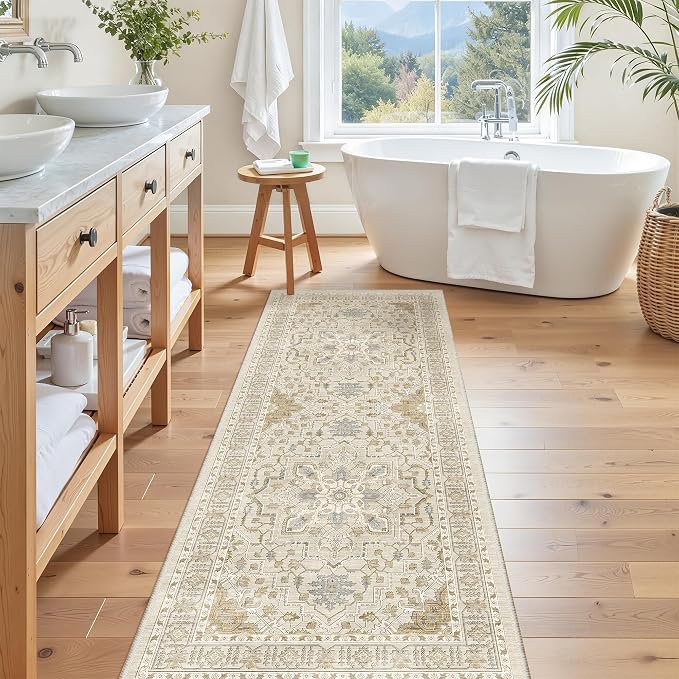 Madane Washable Runner Rug 2x6 Runners for Hallways Non Slip, Beige/Blue | Vintage Stain-Resistant 6 Feet Kitchen Rug, Soft Low-Pile Ultra-Thin Floor Carpet Mat for Bathroom Laundry Room Bedroom 2x6ft