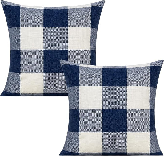 VAKADO 24x24 inch Set of 2 Navy Blue White Buffalo Plaids Throw Pillow Covers Outdoor Farmhouse Retro Decorative Check Cushion Cases Home Decor for Couch Patio Porch Sofa Furniture, Dark Blue