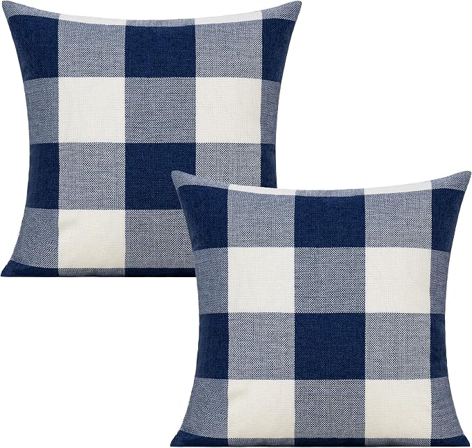 VAKADO 22x22 inch Set of 2 Navy Blue White Buffalo Plaids Throw Pillow Covers Outdoor Farmhouse Retro Decorative Check Cushion Cases Home Decor for Couch Patio Porch Sofa Furniture, Dark Blue