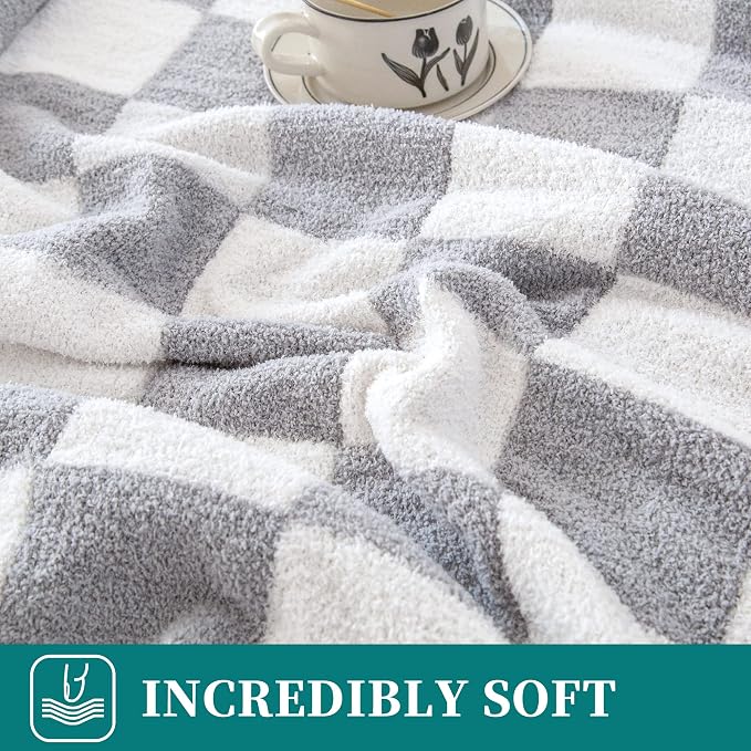 SeaRoomy Fuzzy Checkered Throw Blanket for Couch,Light Grey 51"X63" | Warm,Cozy,Fluffy,Lightweight,Gift for Women Couch Sofa Bed Room Decor