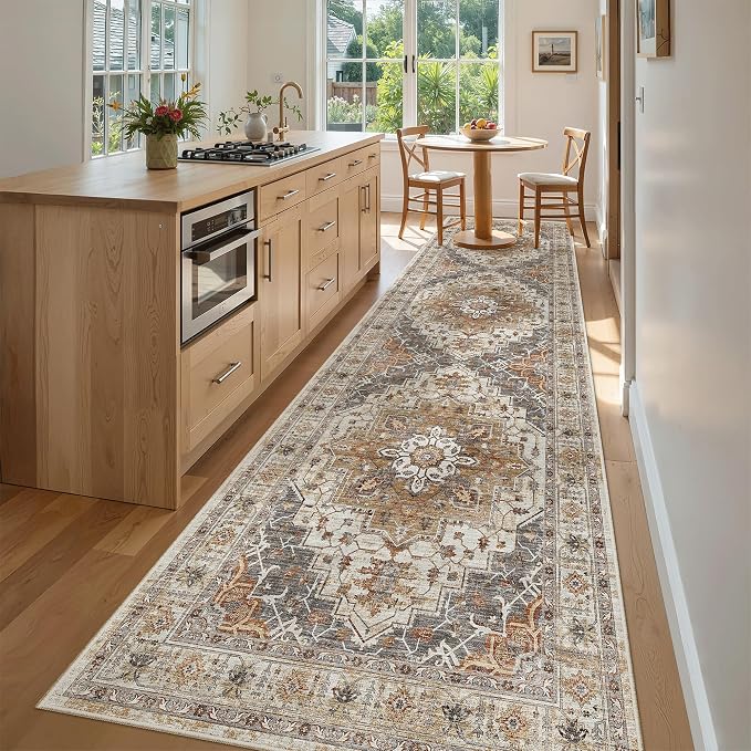 Madane Hallway Runner Rug 3x10 Washable Kitchen Runners 10ft, Turmeric/Grey | Vintage Non-Slip Entryway Area Rugs Indoor, Soft Low-Pile Farmhouse Wide Floor Carpet for Bathroom Living Room Bedroom Foyer
