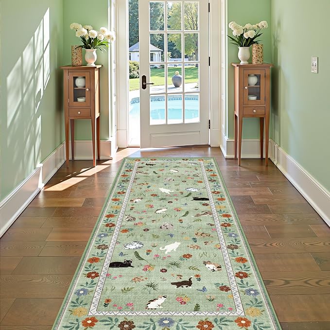 AIMPEAK Green 2x6 Non Slip Runner Rug - Washable Cat Floral Kitchen Carpet with Rubber Backing, Soft Low Pile Long Mat for Kitchen, Laundry Room, Bedroom, Bathroom, Hallway, Green Multi