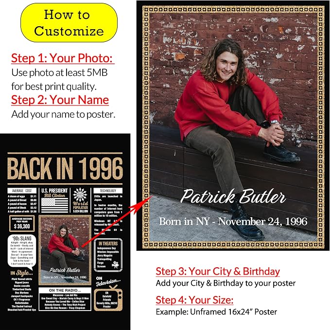 Personalized 29th Birthday Party Decorations Men, Women, Him, Her - Custom Gifts Idea For 29 Years Old, Back In The Year You Born Newspaper For 29th Birthday Poster No Frame Black Gold