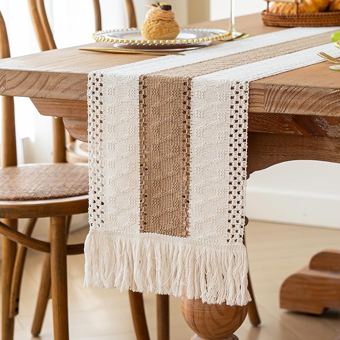 FEXIA Boho Table Runner for Fall Home Decor 12x72 Burlap with Tassels | 72 Inches Long Farmhouse Kitchen Dining Room Macrame Burlap Coffee Table Decoration Dresser Runner Pottery Barn Furniture