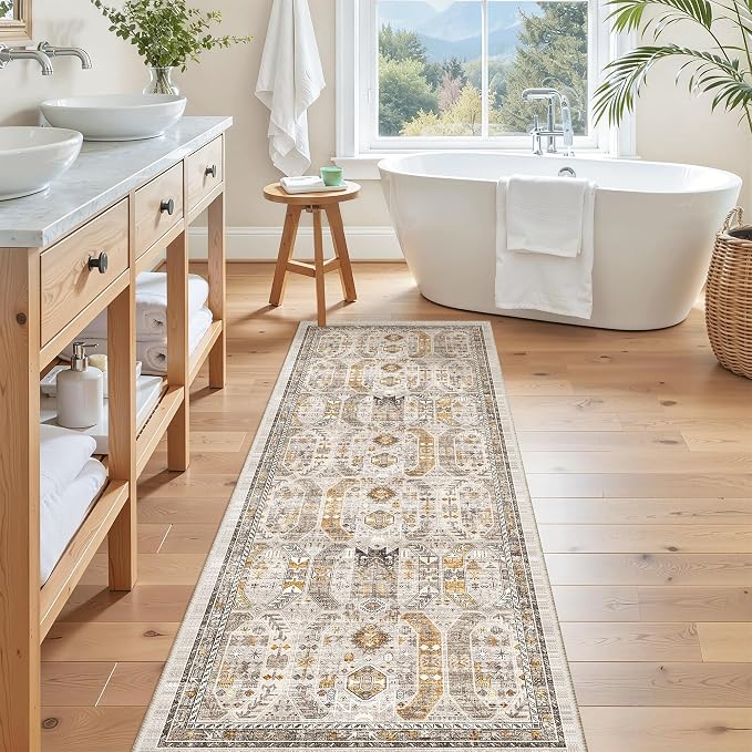 Madane Hallway Runner Rug 2x5 Washable Entry Rugs Non-Slip, Brown/Gold | Vintage Printed Low-Pile Kitchen Runners, Soft Low-Pile Stain-Resistant Throw Carpet for Bedroom Entrance Laundry Room 2'x5'