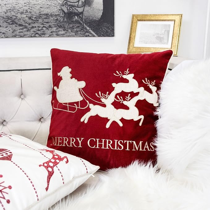 Embroidery Red Velvet Throw Pillow Cover, Merry Christmas Series Santa Claus Sledge Luxury Soft Fuzzy Cozy Warm Slik Gift Square Couch Cushion Pillow Case 20 x 20 Inch, Cover Only