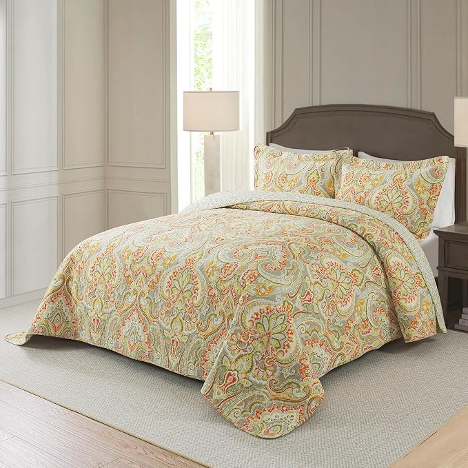 NEWLAKE Cotton Bedspread Quilt Sets-Reversible Patchwork Coverlet Set, European Beige Floral Pattern, King Size