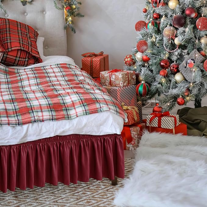 Wrap Around Queen Size Bed Skirt 19 Inch Drop-Elastic Dust Ruffle Burgundy | Adjustable Pleated Bedskirt-Easy Fit Wrinkle Resistant Washable Hotel Quality Fabric Bed Skirting-Master Guest Bedroom Rental