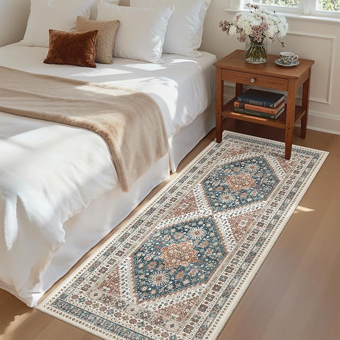 Madane Hallway Runner Rug 2x5 Washable Entry Rugs Non-Slip, Navy Blue | Vintage Printed Low-Pile Kitchen Runners, Soft Low-Pile Stain-Resistant Throw Carpet for Bedroom Entrance Laundry Room 2'x5'