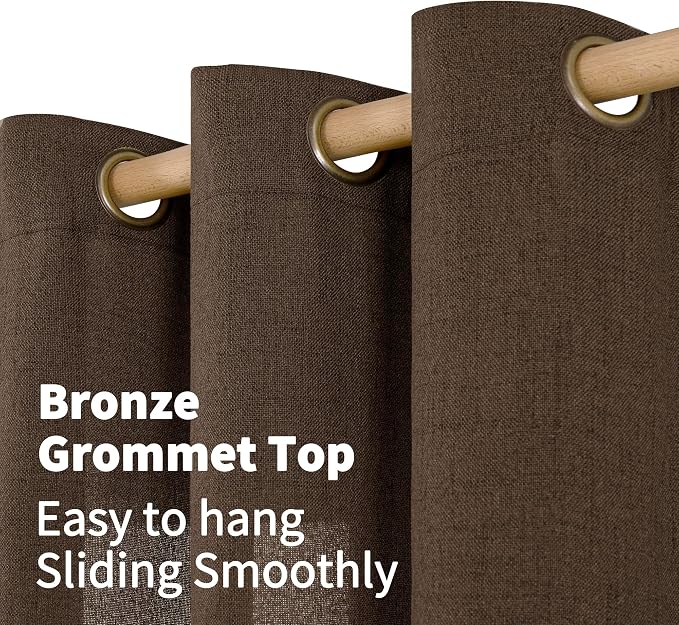 YoungsTex Brown Linen Curtains 68 Inch Length for Living Room, Light Filtering Bronze Grommet Textured Window Drapes Privacy for Bedroom Farmhouse Decorative, 52 x 68 Inch, 2 Panels