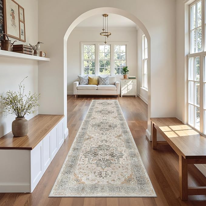 Madane Washable Runner Rugs 2x12 Long for Hallway Kitchen Light Taupe Brown | Non-Slip Vintage Printed 12ft Long Rug Runners with Rubber Backing, Soft Thin Low-Pile Floor Carpet Laundry Room Entryway