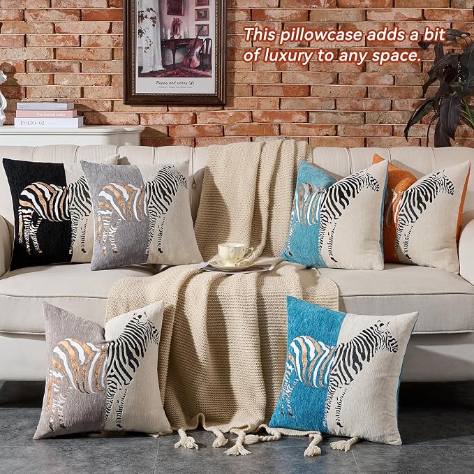 AmHoo Set of 2 Throw Pillow Covers Zebra Chenille Patchwork Decorative Pillows Cover Pillowcase for Sofa Couch Bed 18 x 18-Inch Mosaic Blue