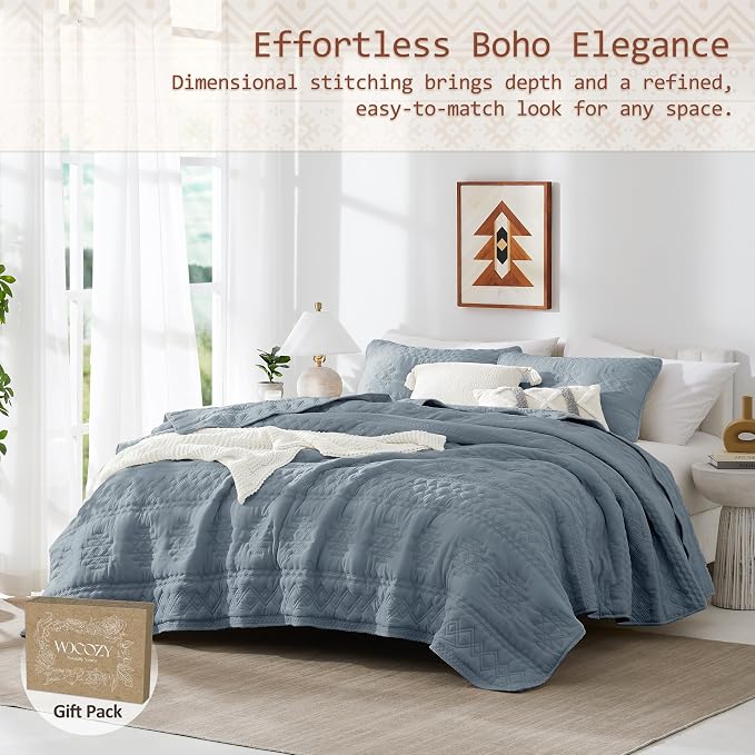 WDCOZY Boho Blue Grey Oversized California Cal King Size Quilt Bedding Sets with 2 Pillow Shams, Farmhouse Lightweight Soft Bedspread Coverlet for All Season, 116x106 inches