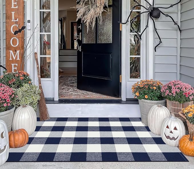 Blue and White Checkered Outdoor Rug 27.5''x 43.3''Buffalo Plaid Layered Doormat Woven Machine Washable Farmhouse Door Mats Outdoor for Hello/Welcome Mat,Entryway,Bedroom,Patio