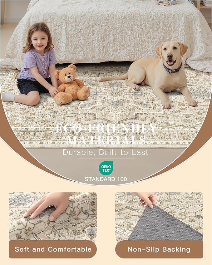 Madane Area Rug 4x6 Washable Rugs Vintage for Living Room, Beige/Blue | Ultra-Thin Stain Resistant Vintage Large 4'X6' Carpet, Low-Pile Floor Mat For Bedroom Dining Room Office Home Decor